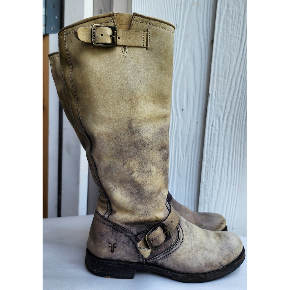 Frye Sz 7.5 Distressed Leather Veronica Slouch Biker Moto Boots Rare Gray Ombre